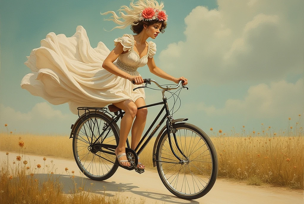 (masterpiece,top quality,perfect detailed Louis Icart style) ,one beautiful lady in long dress awkwardly rides a bicycle, a large and wonderful aesthetic that manifests itself in detail,ultra-detailed,((Louis Icart style)), (oil painting),detailed illustration, (best quality, masterpiece:1,1),grotesque,intricate details,tempering, (aesthetics),excitement,hyperrealistic,insanely detailed