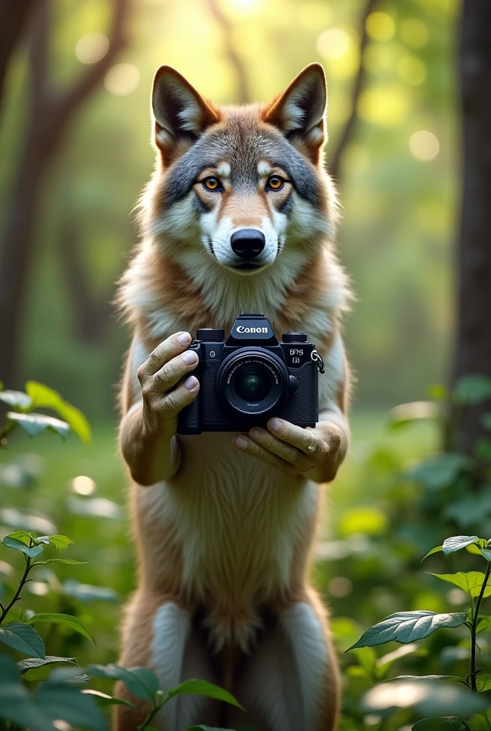 Man with wolf mask wearing Adidas sportswear taking photos with a Nikon camera of a naked 18-year-old woman with huge breasts and big buttocks, in the garden of the estate, Brown hair, Long hair, green eyes, slight smile, large eyes, full lips, with good light