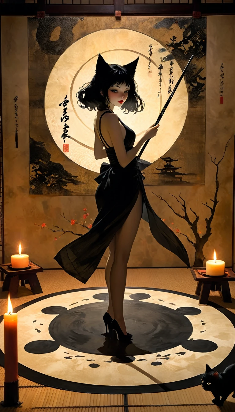 1 sexy girl, a strange black silhouette appears in the magic circle, a sexy girl uses a giant paintbrush to draw a magic circle with ink, writing calligraphy on a large piece of Japanese paper arranged on the ground, a cat walking and leaving marks of black paws on washi paper, dim light, candles placed in the room, inside a Japanese style room, art inspired by Bill Sienkiewicz, (best quality, 4k, 8k, high resolution, masterpiece: 1.2), ultra-detailed, (realistic, photorealistic, photorealistic: 1.37), details intricate, vivid colors, sharp focus, professional, Dave McKean artwork, surrealism oil touch, oil painting style, portrait, woman, beautiful detailed eyes, beautiful detailed lips, dreamy atmosphere, shadow play, lighting soft, fun pose, dark tones, ethereal background, fantasy elements, texture, layered composition.

