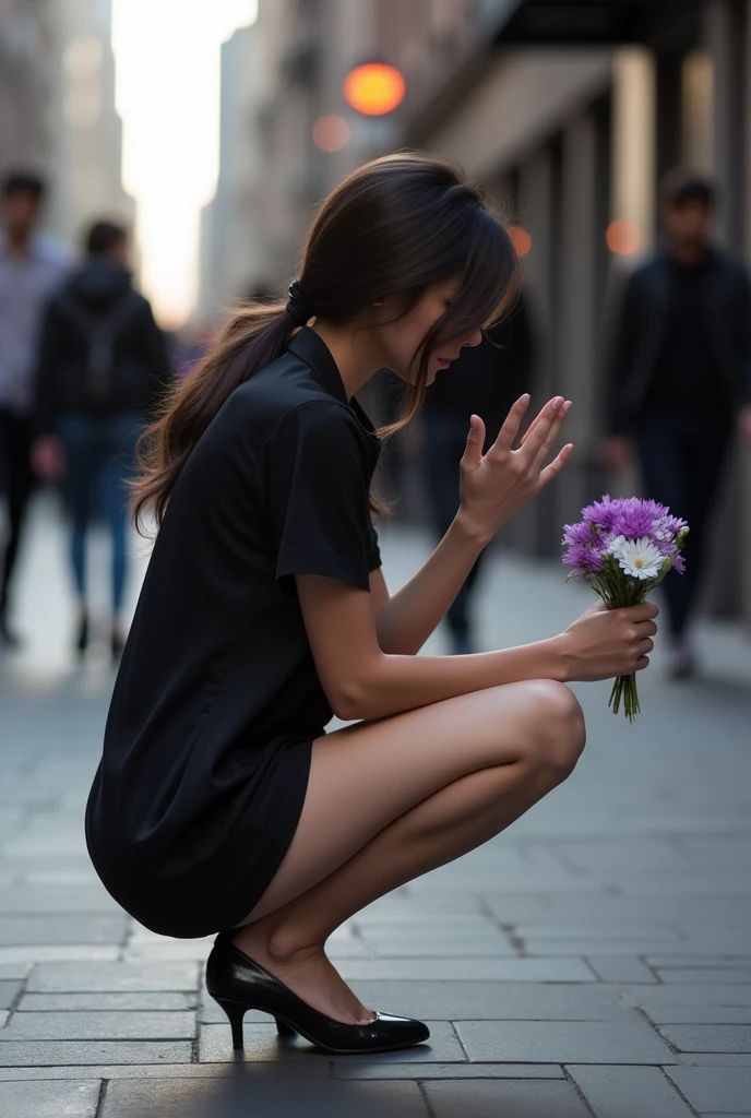 the image shows a partially visible person, wearing a black blouse and black shorts. The person is crouching, with one hand extended forward, holding a small bouquet of purple and white flowers. The other hand is placed on the chest.  The person's face is partially out of the photo, cut at the nose level, making it difficult to identify who it is. The scene seems to be in an open place, possibly on a street or sidewalk, with other people visible in the background.  The atmosphere of the image conveys a gesture of affection or love.