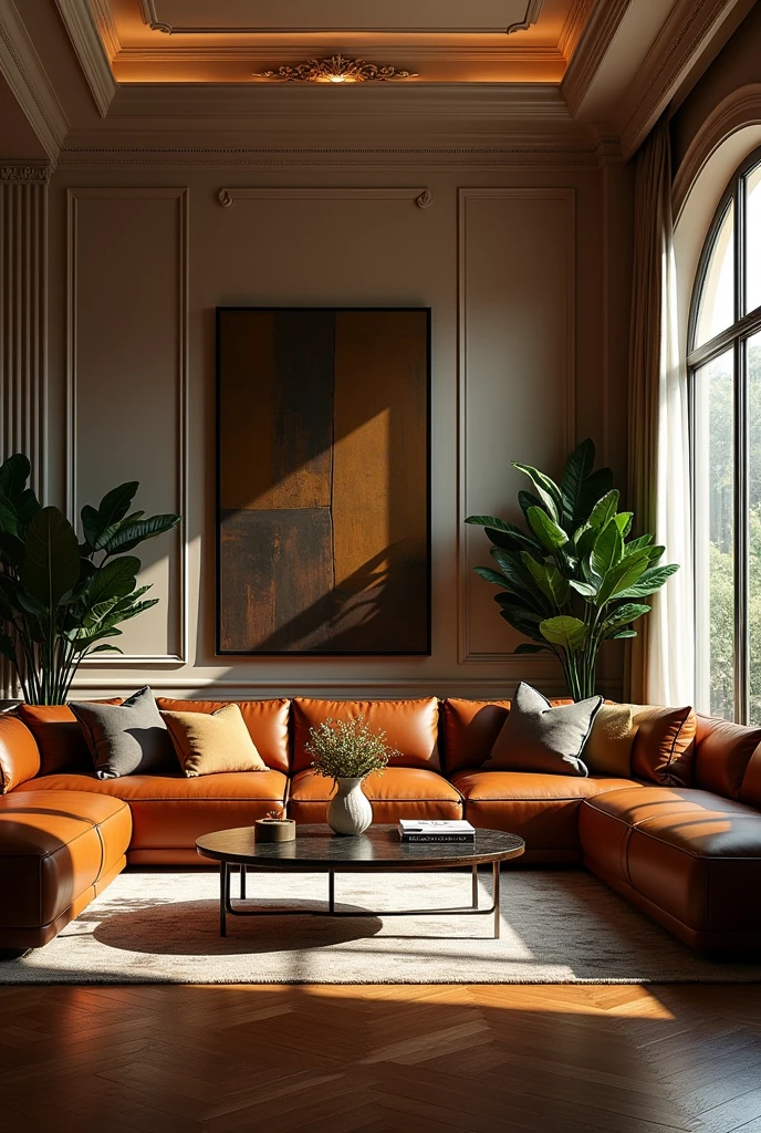 A luxurious interior with a beautifully designed living room, high-quality leather sofa, warm lighting, elegant decor, large windows, hardwood floors, sophisticated art pieces, lush plants, (best quality,4k,8k,highres,masterpiece:1.2),ultra-detailed,(realistic,photorealistic,photo-realistic:1.37),intricate details,cinematic lighting,natural textures,elegant design,chiaroscuro lighting,luxurious living room,high-end furniture,dramatic shadows,warm color palette
