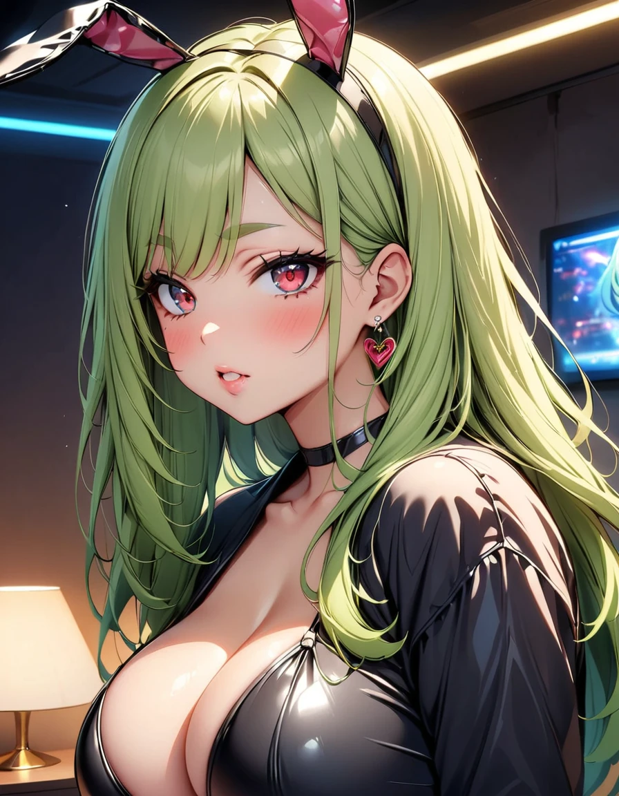 score_9, score_8_up, score_7_up, score_6_up, score_5_up, 1girl, solo, green hair, straight hair, long hair, red eyes, glowing eyes, sultry eyes, juicy lips, plump lips, soft blush, dolly face, eyelashes, natural eyebrows, eyeliner, large breasts, thick ass, pale skin, black choker, earrings, black latex outfit, ((bunny ears)), standing sexily, bedroom background, cinematic lightning, very detailed clothes, very detailed face, very detailed eyes, very detailed hair, ultra, best quality, masterpiece, looking at viewer, in love with the viewer, full body.