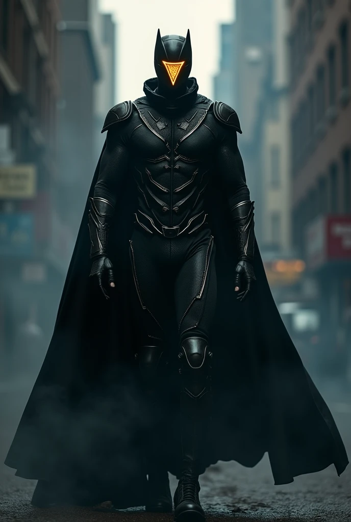 1man, american, black forehead mask, glowing upside down triangle symbol, black tech suit with metal accents, black cape, black boots, dark aura, smoke background