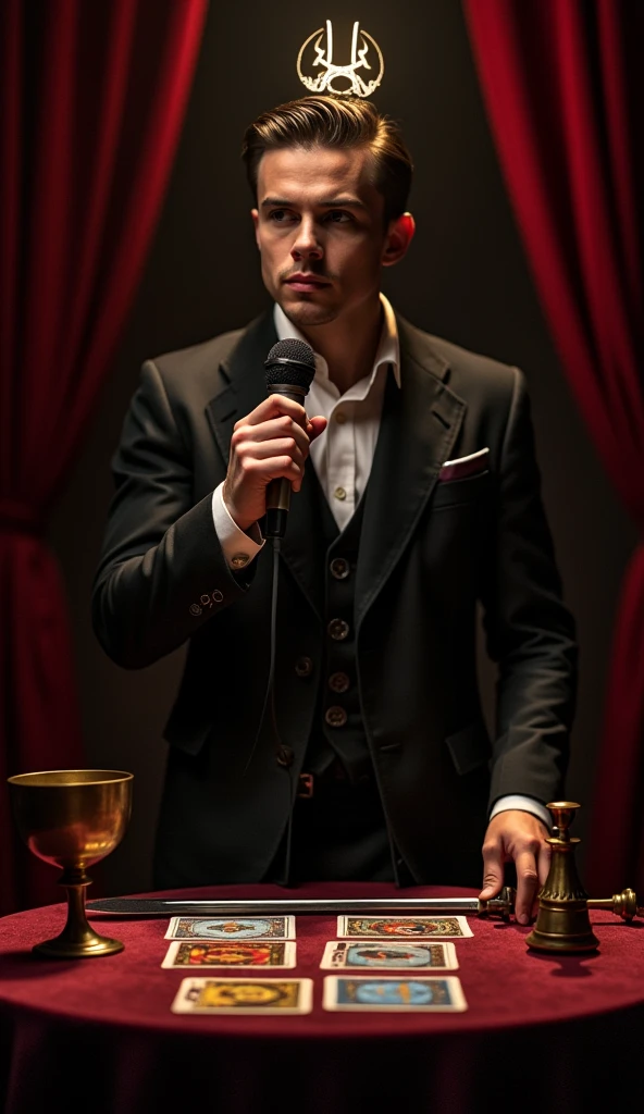 create a young and handsome magician, a realistic communicator looking like Silvio Santos with the microphone in his hand on a stage, and on top of his head the symbol of the Lemniscate transmitting depth on a stage of magic, In the background a table with a sword, calice de bronze, tarot