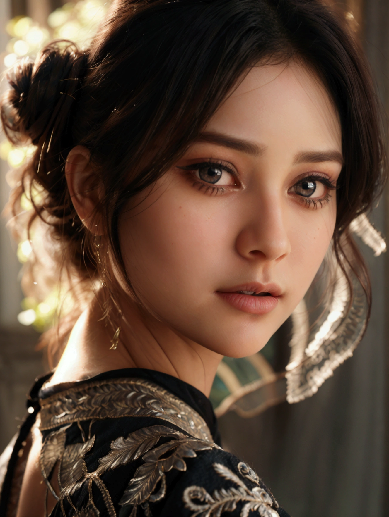 (((ultra realistic))) Photo, masterpiece, top quality, (pale skin), (Ultra detailed face and eyes:1.3), Indian 1 girl, in a beautiful black(goldon embroidery)dress, (Eye makeup, mascara) , (a close up portrait of a beautiful woman with long brown messy bun, curly hair), wearing a black dress, gorgeous detailed face, extremely beautiful delicate features, piercing eyes, luscious lips, flawless skin, stunning portrait, high quality, cinematic lighting, photorealistic, masterpiece, dramatic depth of field, soft elegant expression, elegant and serene, professional portrait photography, beautiful model, gorgeous female portrait, incredible realismof field, bokeh, (special attention to skin detail: 1.2), Detailed leather texture, skin pores. (Airy atmosphere of the frame), UDR, ((Film grain)), ((rays)), ((Glare)), ((side angle portrait, viewing towards the camera)) , ultra detailed,