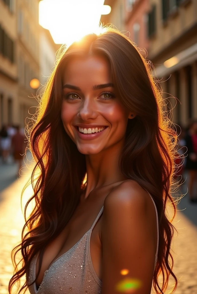 Beautiful brunette, young, 22 ans, Italian, wavy hair, bright eyes big chest, beautiful tooth, big lip
