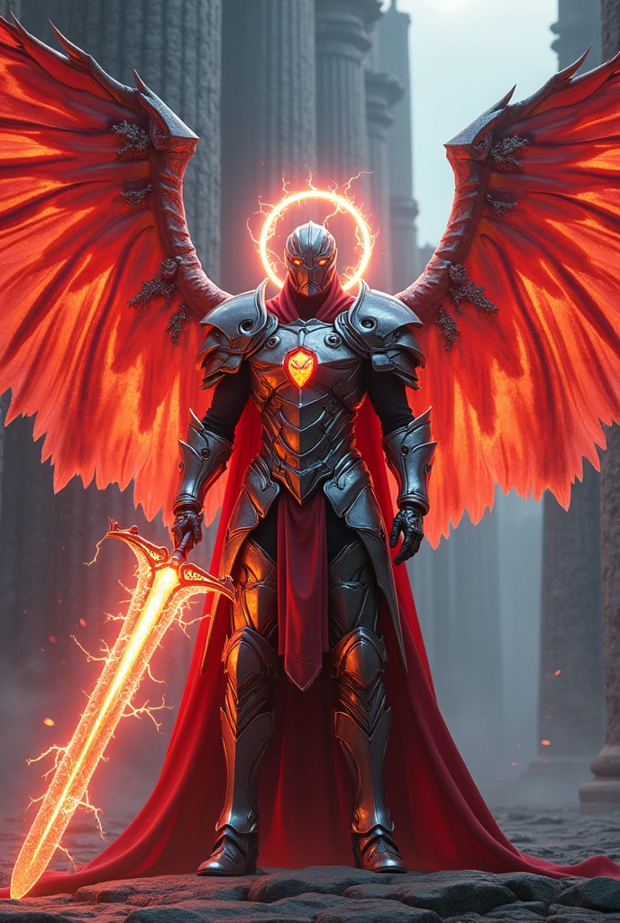 futuristic armored paladin with wings greatsword, red flame lightning around him with halo standing in front of temple, widescreen, glowing eyes, ray tracing, photorealistic, anatomically correct, retina, masterpiece, accurate, 8k, UHD, award winning, best quality, 4k, super detail