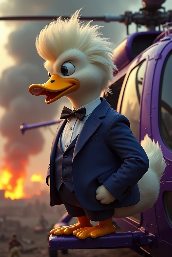 Mafia white soft fur skin duck with hairstyle of donald trump wearing suit and pant sitting on the side of a open door purple helicopter in the air, battlefield backgrond, fire everywhere