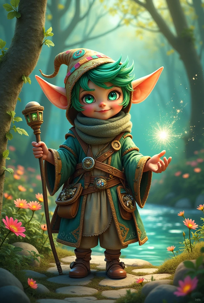 Create a cartoon character who is a magical elf and a treasure hunter and a time-traveling scientist and a playful river sprite and a clumsy magician.