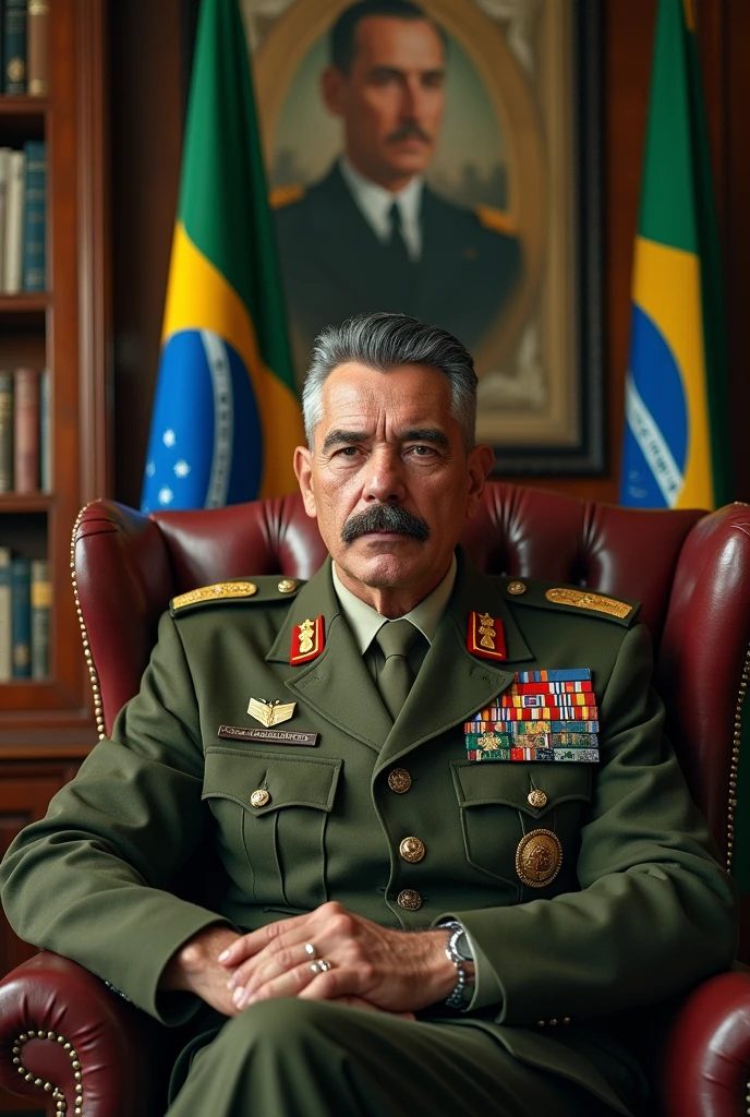 A realistic and detailed portrait of a Colonel of Roman descent in the Brazilian army, circa 40 years old., He has a very muscular and robust body big, with military black and gray hair on the sides, and a thin scar on his face like a mark of bravery, he has a mustache. He is wearing a high-ranking olive green uniform of the Brazilian Army officer, adorned with medals and decorations. The background features a Brazilian Army office, with books and flags of Brazil and the Integralist Blue flag, The wall also has a photo of 2 Brazilian dictators and a realistic coat of arms., which contributes to the atmosphere of authority and respect. The veteran is sitting in a comfortable armchair, Breathing wisdom and strength, and appears as a respected and esteemed leader