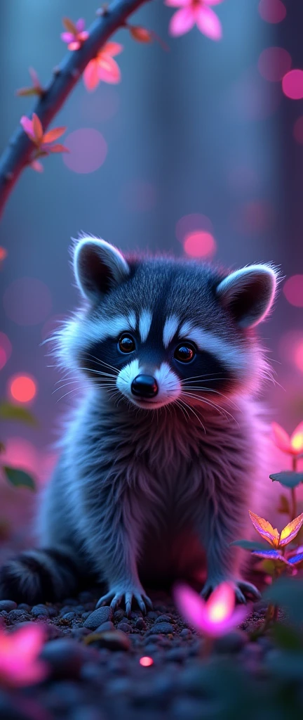 captivating photograph of a cute extra fluffy baby realistic raccoon. bioluminescence, NEON, iridescent