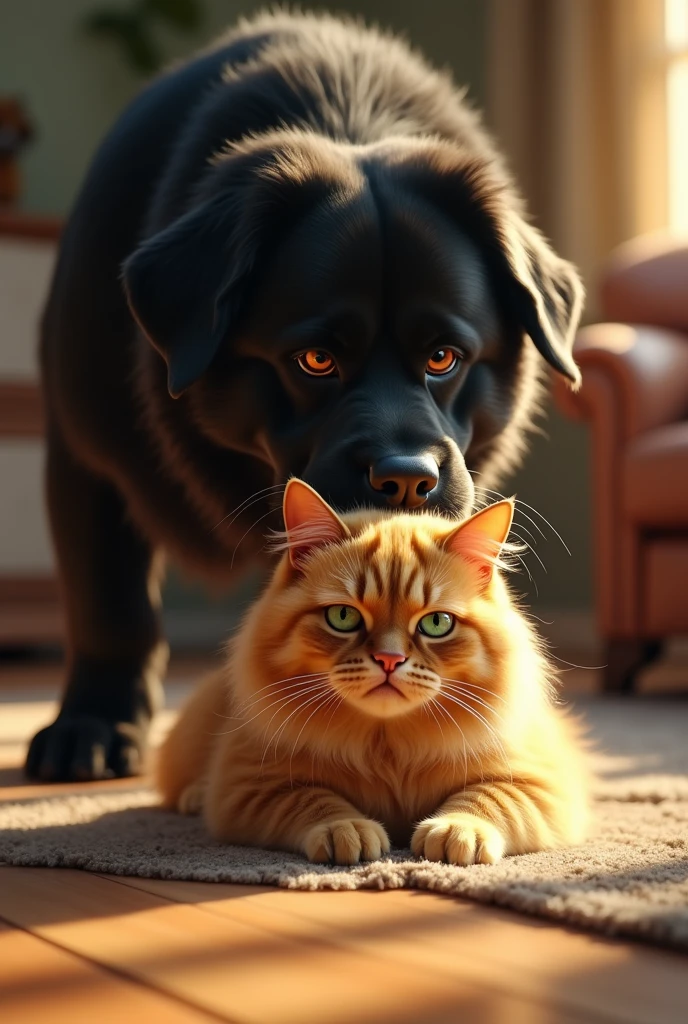 (photorealism:1.2), cat and dog, big black dog with amber eyes, golden cat with green eyes and long hairs, grumpy, don't like each other, dog pins cat down.