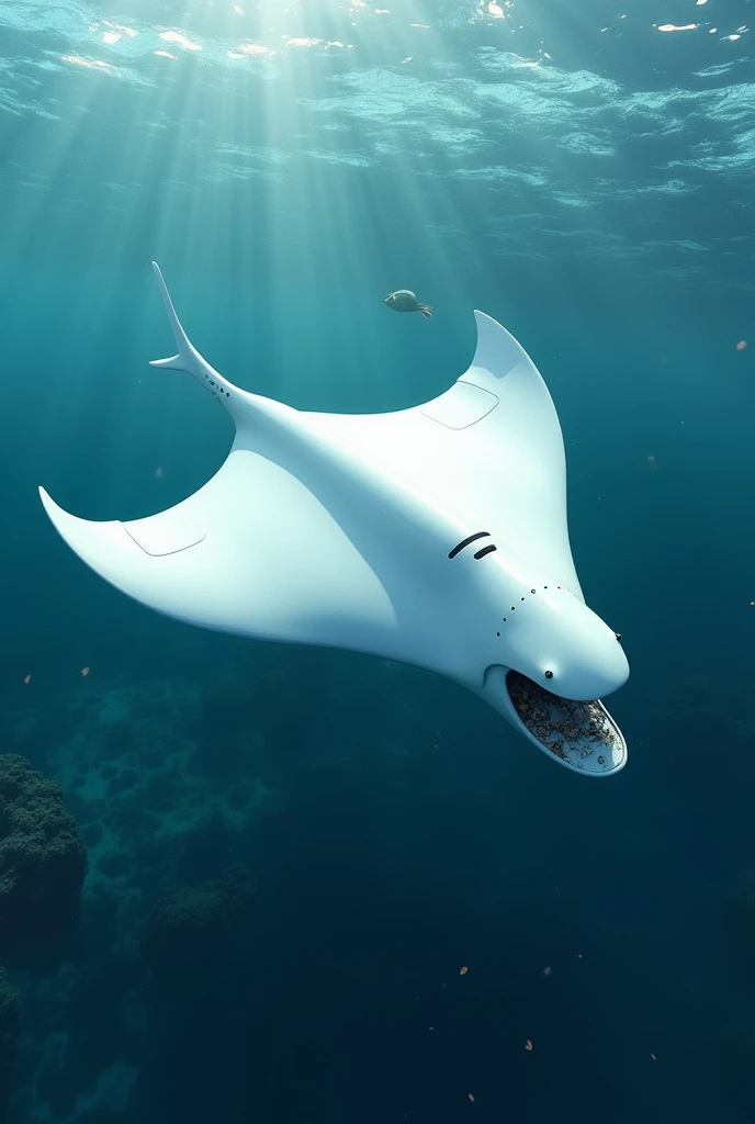 An white colored manta ray robot that floats eating the water surface garbage with its mouth and collects the garbage in its netted belly, also its falps  are water bot gliders