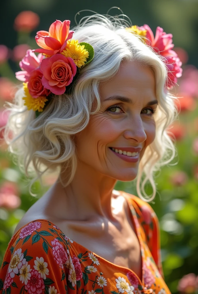 57 year old lady with white hair, pretty, with flowers
