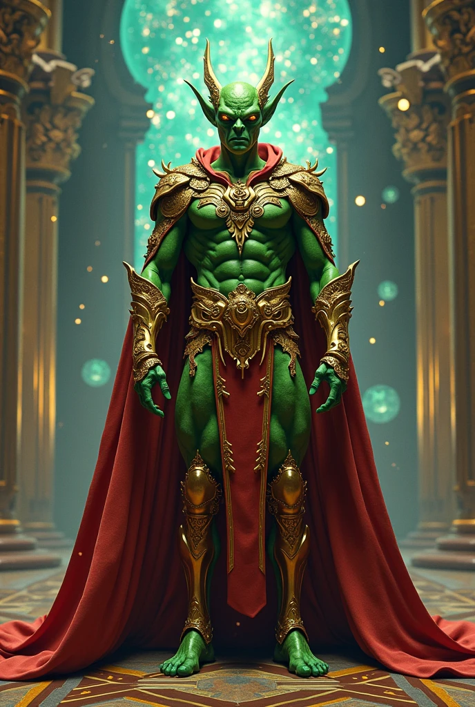 Strong, bold and green alien with a King costume in hq style without horns