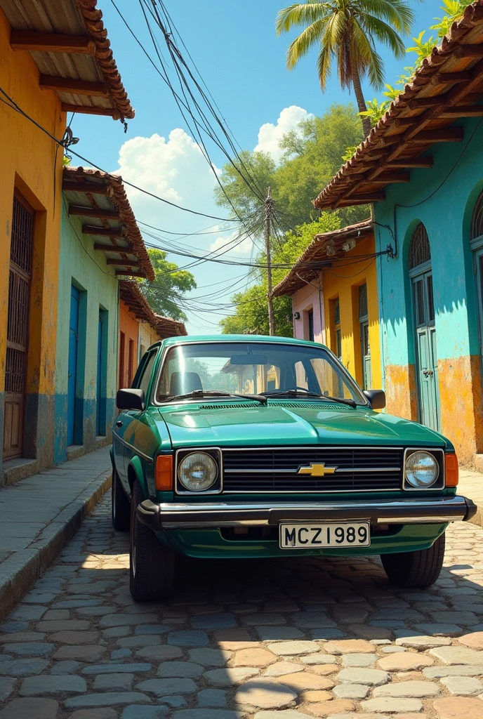 Painting for a Chevette square headlight frame in dark green Chevrolet positioned diagonally with the MCZ 1989 license plate in front parked on a cobblestone street with old and shabby houses in northeastern Brazil