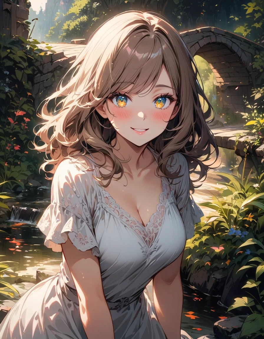 detailed textures, high quality, high resolution, high accuracy, Realism, color correction, correct lighting settings, harmonious composition. (high quality, a high resolution, Small parts), brook, (Small bridge), White dress, One, curvy women, sparkling eyes, (detailed eyes:1.2), smile, blush, Sub, oily skin, soft tones, shallow depth of field -- ar 3:4- Niji 6