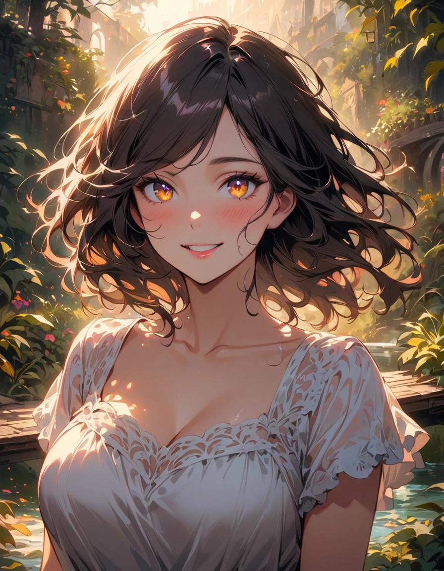 detailed textures, high quality, high resolution, high accuracy, Realism, color correction, correct lighting settings, harmonious composition. (high quality, a high resolution, Small parts), brook, (Small bridge), White dress, One, curvy women, sparkling eyes, (detailed eyes:1.2), smile, blush, Sub, oily skin, soft tones, shallow depth of field -- ar 3:4- Niji 6