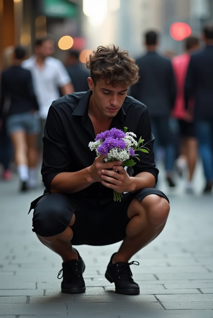 The image shows a partially visible man., wearing a black blouse and black shorts. The person is crouching, with one hand extended forward, holding a small bouquet of purple and white flowers. The other hand is placed on the chest. The person's face is partially out of the photo, cut at the nose level, making it difficult to identify who it is. The scene seems to be in an open place, possibly on a street or sidewalk, with other people visible in the background. The atmosphere of the image conveys a gesture of affection or love.