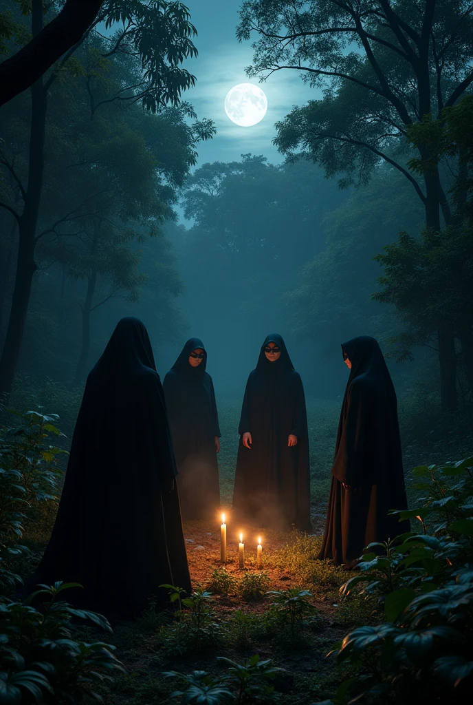 A sect in the jungle at night, people dressed in black robes and black hoods forming a semicircle in a clearing in the jungle at night. in the middle of the clearing there are four naked people, gagged and blindfolded.