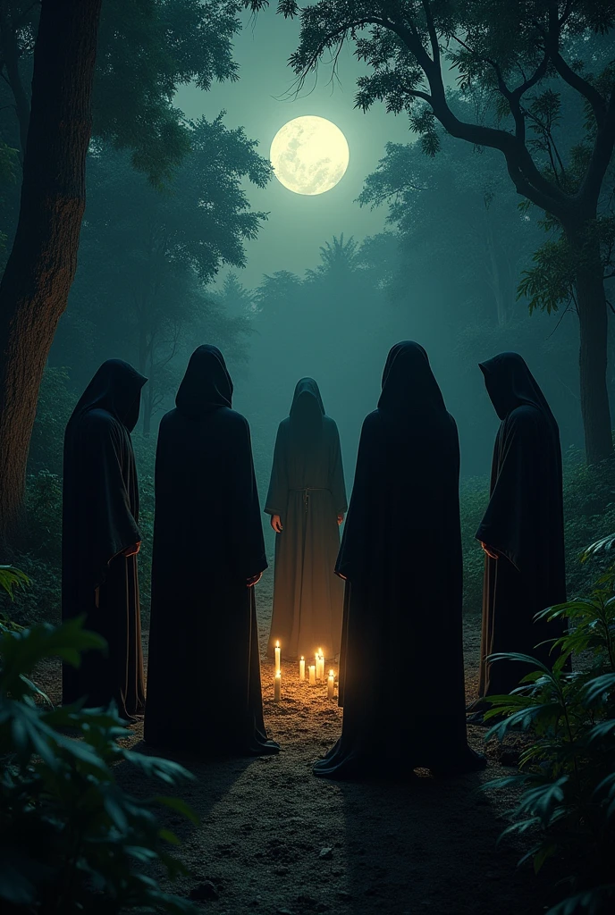 A sect in the jungle at night, people dressed in black robes and black hoods forming a semicircle in a clearing in the jungle at night. in the middle of the clearing there are four naked people, gagged and blindfolded.