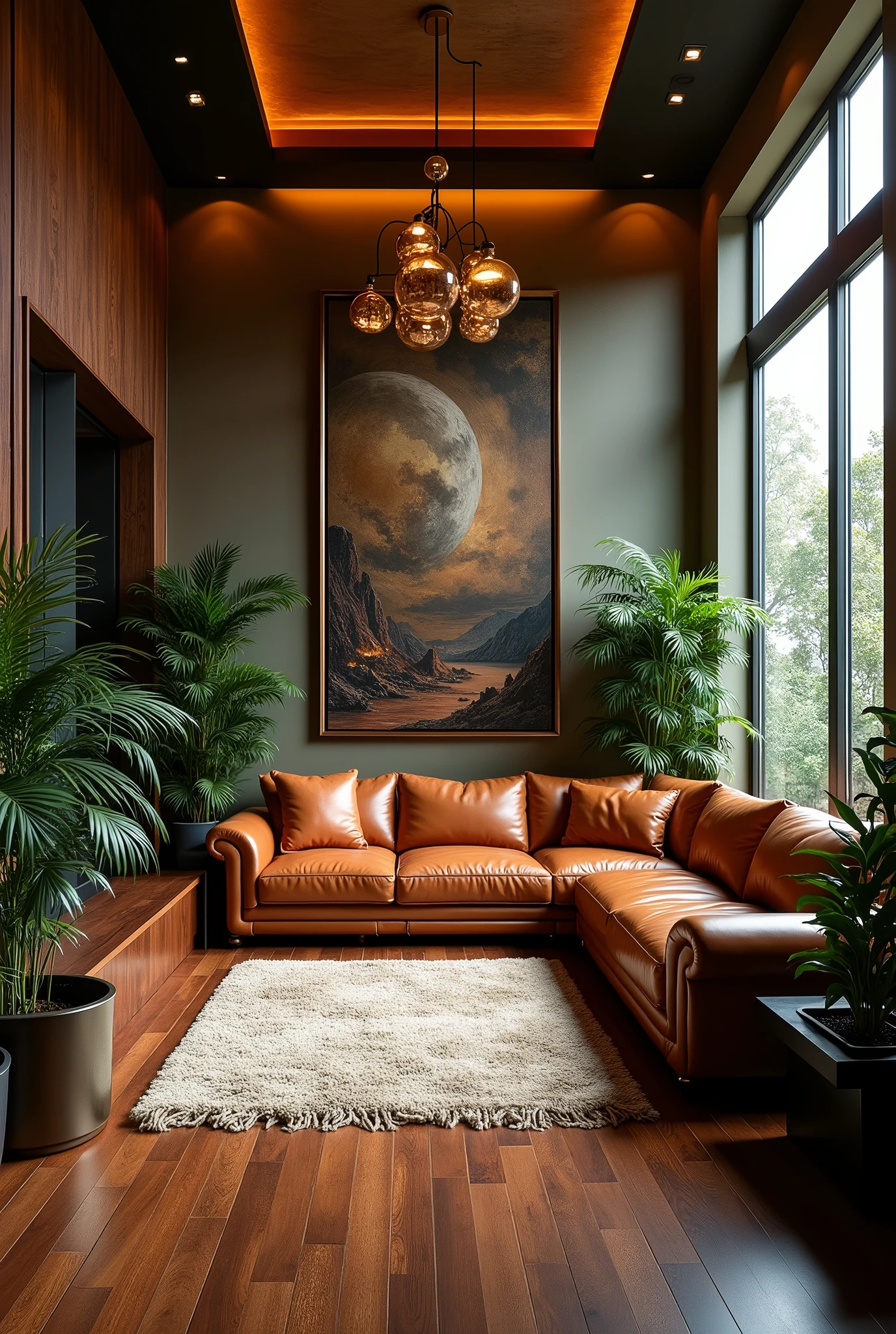 A luxurious interior with a beautifully designed living room, high-quality leather sofa, warm lighting, elegant decor, large windows, hardwood floors, sophisticated art pieces, lush plants, (best quality,4k,8k,highres,masterpiece:1.2),ultra-detailed,(realistic,photorealistic,photo-realistic:1.37),intricate details,cinematic lighting,natural textures,elegant design,chiaroscuro lighting,luxurious living room,high-end furniture,dramatic shadows,warm color palette
