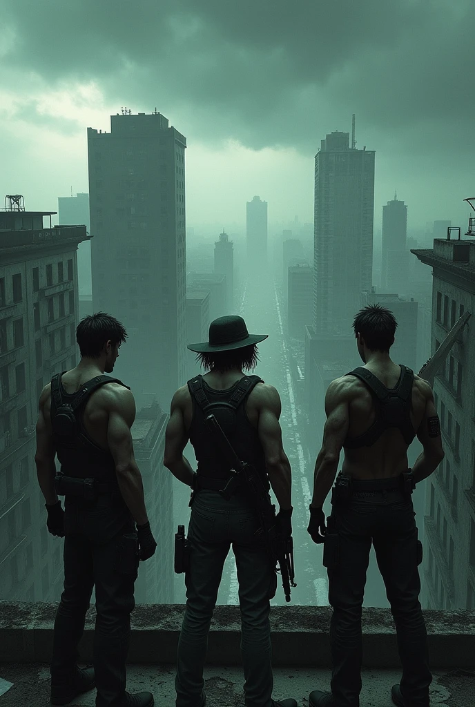 A group of 4 survivors made up of Leon Kennedy,There are people,Chris Redfield and Jack Muller on a hotel rooftop watching as millions of hungry zombies come towards them while they load their weapons