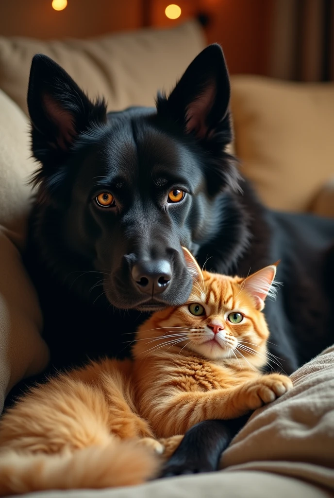(photorealism:1.2), cat and dog, big black dog with amber eyes, golden cat with green eyes and long hairs, grumpy, don't like each other, dog pins cat down.