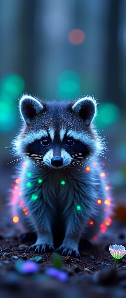 captivating photograph of a cute extra fluffy baby realistic raccoon. bioluminescence, NEON, iridescent