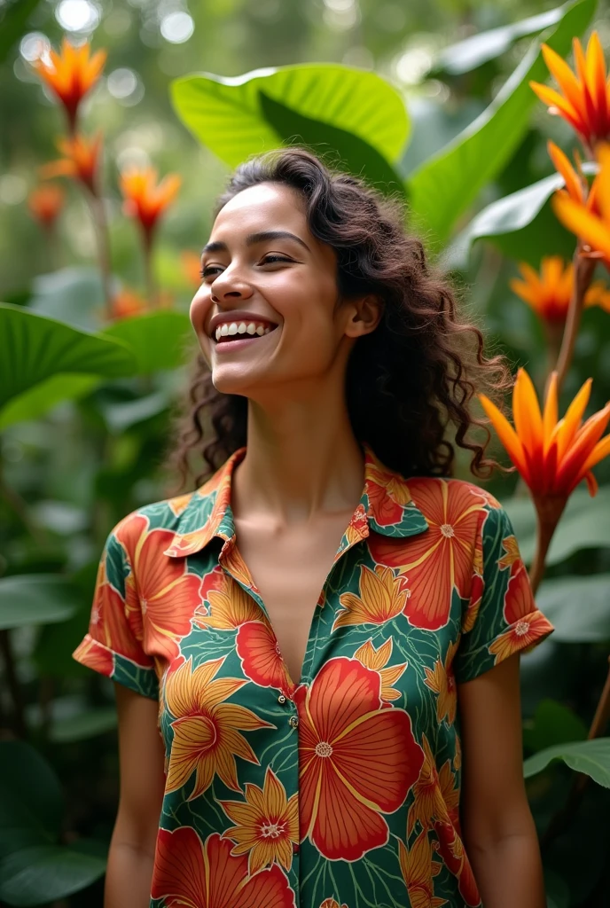 A Brazilian woman in a lush tropical garden, wearing an open shirt with a floral print, with a close-up capturing the harmonious beauty between her breasts and the natural flowers, showing off your natural charm and outgoing personality.