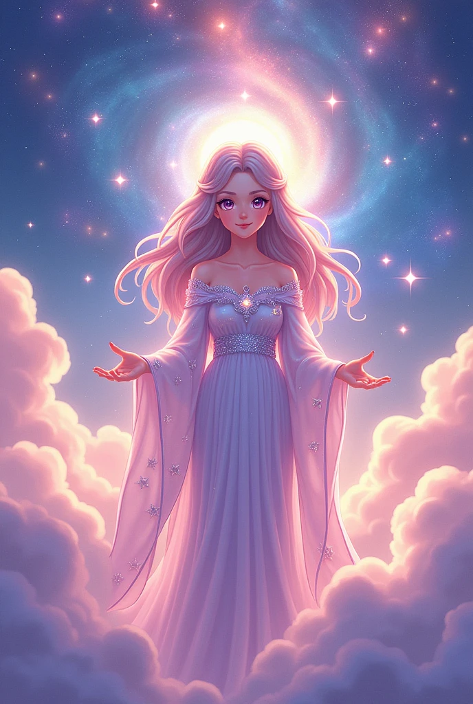 Celeste, a higher being, dreams of a world filled with joy and wonder, inspiring her people through her dreams make her young short and anime art style.
