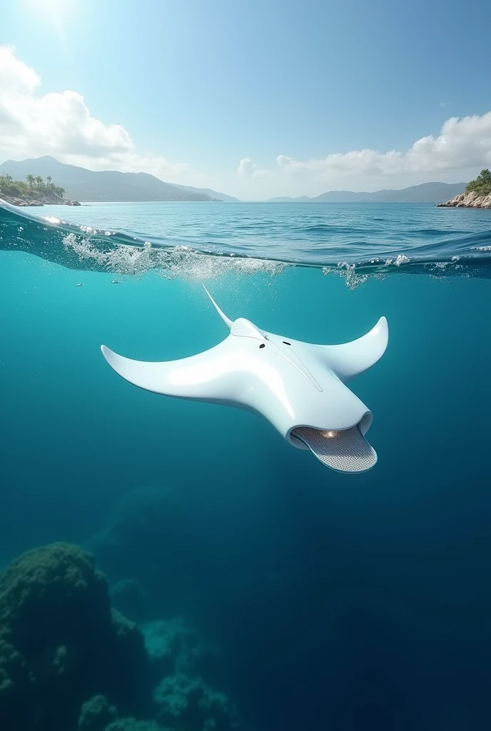 An white colored manta ray robot that floats eating the water surface garbage with its mouth and collects the garbage in its netted belly, also its falps are water bot gliders
