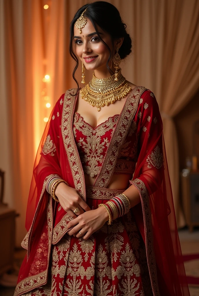 Indian bride and gold jewellery on her neck and forearms and decent cleavage and with minimalist anklets and heels