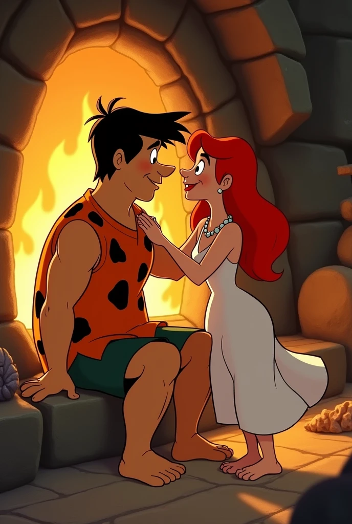 Imagine Fred and Wilma Flintstone in a romantic, intimate setting. The scene is set in their cozy stone-age home, softly lit by the warm glow of a flickering fire. Fred is seated on a stone bench, looking at Wilma with an affectionate and admiring gaze. He’s wearing his signature orange and black-spotted outfit, but it's slightly unbuttoned, revealing a bit more of his strong build.
Wilma stands close to him, her iconic white dress flowing softly around her figure. Her red hair is let down from its usual bun, cascading over her shoulders in soft waves. She’s leaning in slightly, one hand resting gently on Fred’s shoulder, the other delicately playing with a strand of her hair, as she looks at him with a playful, yet loving smile.
The scene is suggestive of their deep connection, capturing a moment of tender affection between the two, surrounded by the timeless charm of their prehistoric world.