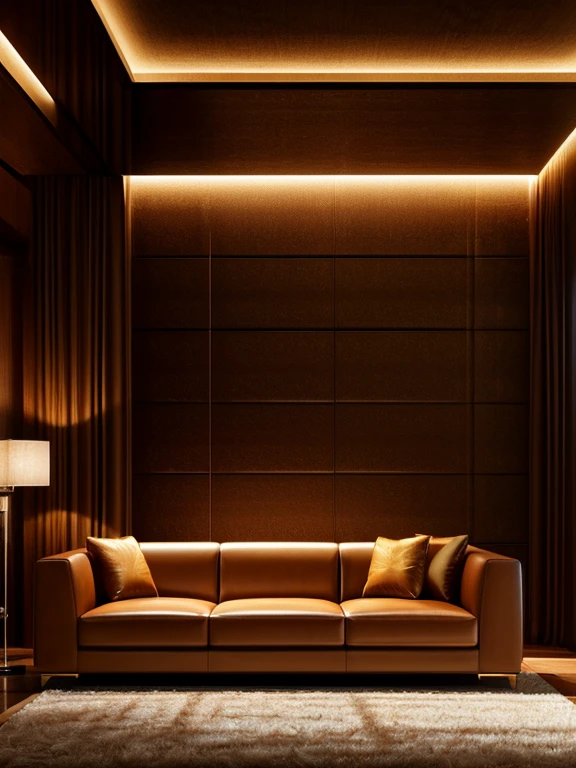 A luxurious interior with a beautifully designed living room, high-quality leather sofa, warm lighting, elegant decor, large windows, hardwood floors, sophisticated art pieces, lush plants, (best quality,4k,8k,highres,masterpiece:1.2),ultra-detailed,(realistic,photorealistic,photo-realistic:1.37),intricate details,cinematic lighting,natural textures,elegant design,chiaroscuro lighting,luxurious living room,high-end furniture,dramatic shadows,warm color palette