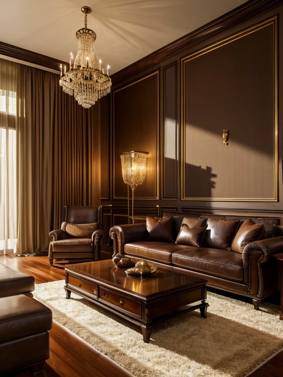 A luxurious interior with a beautifully designed living room, high-quality leather sofa, warm lighting, elegant decor, large windows, hardwood floors, sophisticated art pieces, lush plants, (best quality,4k,8k,highres,masterpiece:1.2),ultra-detailed,(realistic,photorealistic,photo-realistic:1.37),intricate details,cinematic lighting,natural textures,elegant design,chiaroscuro lighting,luxurious living room,high-end furniture,dramatic shadows,warm color palette