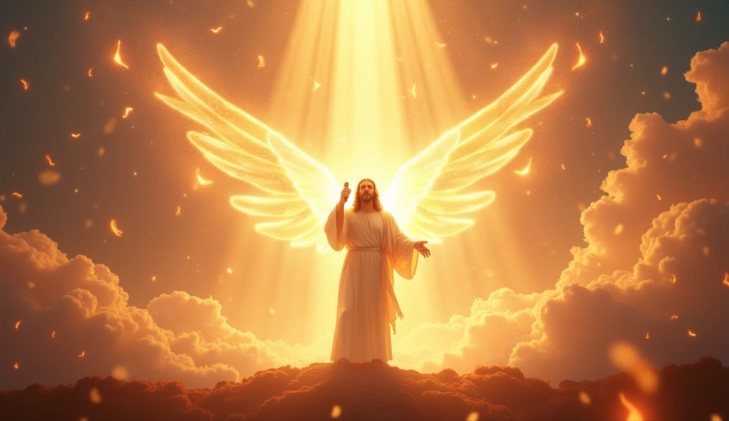 An awe-inspiring image of Jesus Christ standing on a radiant stage, bathed in a heavenly light. He holds a microphone, symbolizing His voice as the ultimate source of divine music. Surrounding Him are glowing musical notes floating in the air, each one representing a gospel song filled with love, faith, and hope. The background is a vast, ethereal landscape with a choir of angels softly illuminated, harmonizing in the distance. The atmosphere is one of pure reverence, where music transcends the earthly realm, connecting the divine to the hearts of believers.