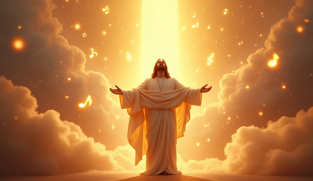 An awe-inspiring image of Jesus Christ standing on a radiant stage, bathed in a heavenly light. He holds a microphone, symbolizing His voice as the ultimate source of divine music. Surrounding Him are glowing musical notes floating in the air, each one representing a gospel song filled with love, faith, and hope. The background is a vast, ethereal landscape with a choir of angels softly illuminated, harmonizing in the distance. The atmosphere is one of pure reverence, where music transcends the earthly realm, connecting the divine to the hearts of believers.