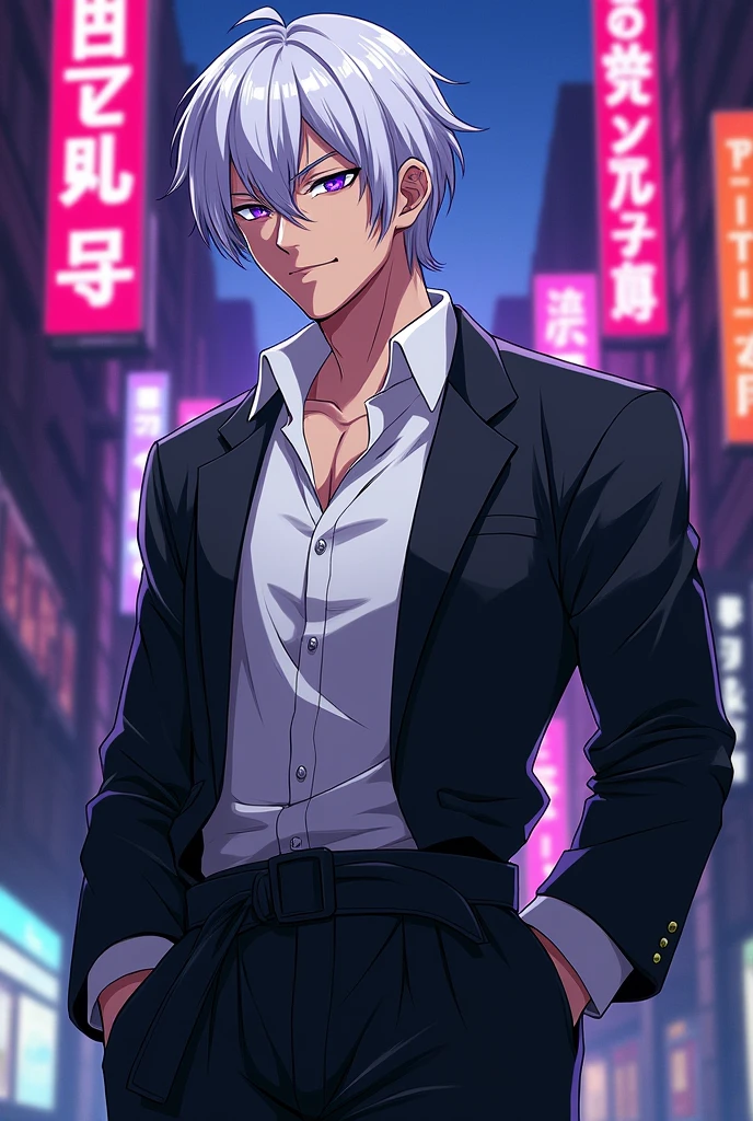 gojo satoru in white shirt black leg karate suit use purple hollow anime style