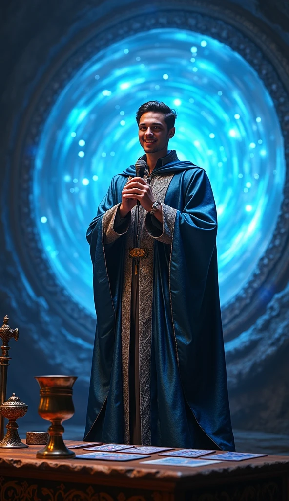 create a young, handsome, smiling, realistic mage with a microphone in hand on a stage, convey depth on a magic stage, In the background a table with a sword, calice de bronze, tarot, above a spiritual portal