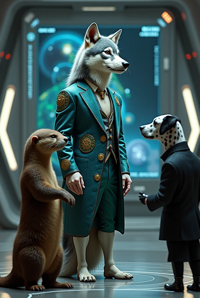 A wolf with blue, white, and green fur in a diplomatic attire with anthropomorphic otter, wolf, and Dalmatian in a space ship briefing room