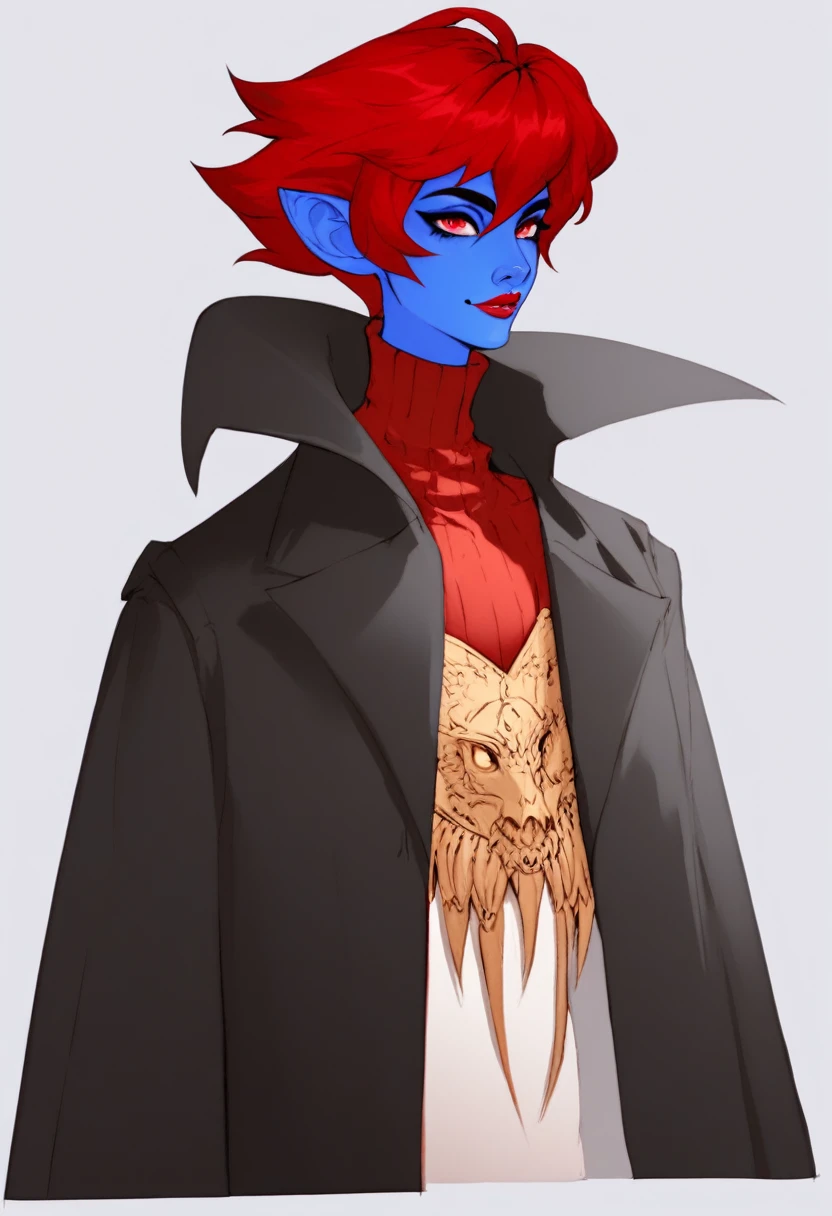 Oc,na’vi, a alien blue skin skinny buff femboy man wearing black trench-coat with a red mark on the bust,red hair,thick, in an 90’s style. He’s androgynous , fullbody,including some weapons and a sensual , cool expression.The scene has a cool,sweet,stargate/Bill Sienkiewiczy style and a vibrant tone. Modern urban setting in the background.