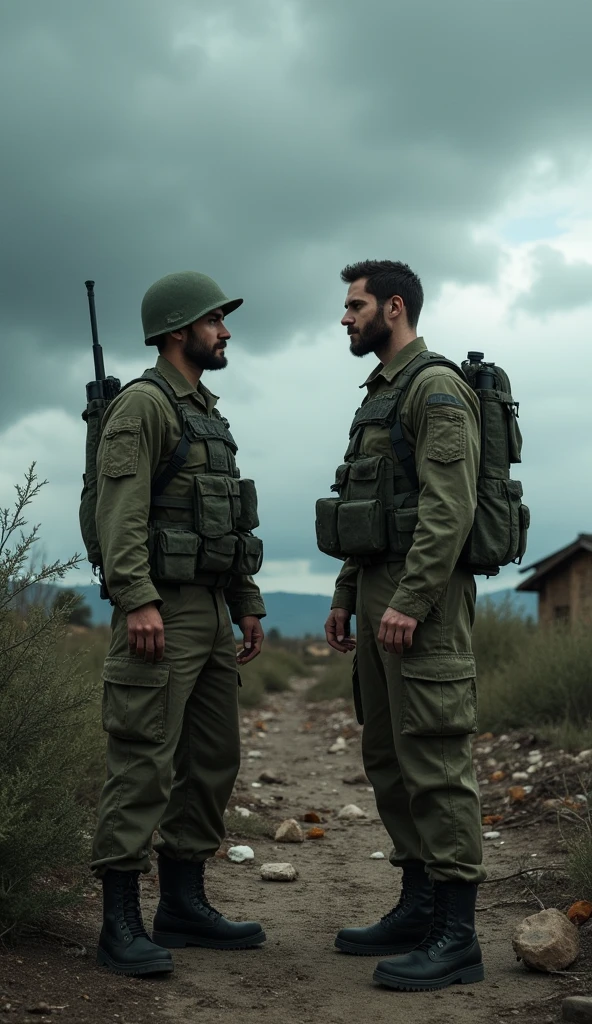 Two military soldiers in desolate survival terrain indicating their resilience in the face of the end of the world 