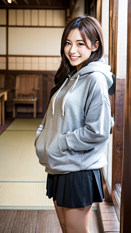 A Japanese milf, photo of one girl, Slender figure, Realistic teeth, wearing oversized hoodie, down hood, smile, full-body, masterpiece, best quality, detailed, beauty, Pub, indoor,