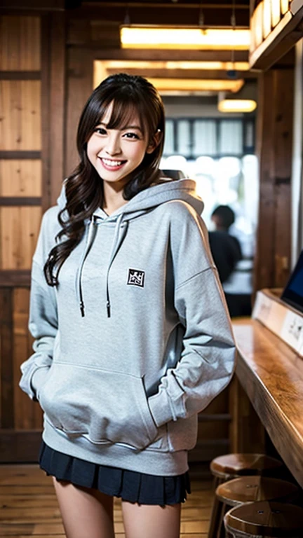 A Japanese milf, photo of one girl, Slender figure, Realistic teeth, wearing oversized hoodie, down hood, smile, full-body, masterpiece, best quality, detailed, beauty, Pub, indoor,