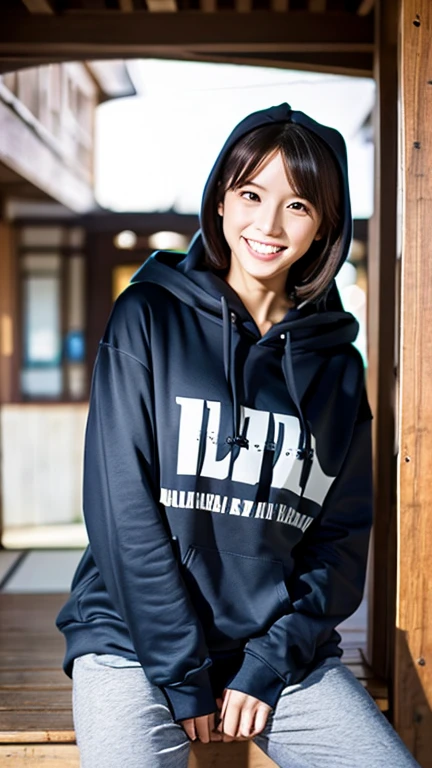 A Japanese , photo of one girl, Slender figure, Realistic teeth, wearing oversized hoodie, down hood, smile, full-body, masterpiece, best quality, detailed, beauty, Pub, indoor,