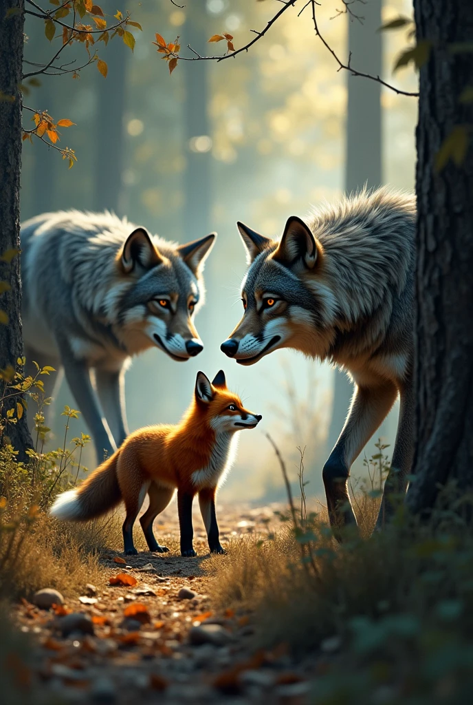 A red fox afraid of two wolves