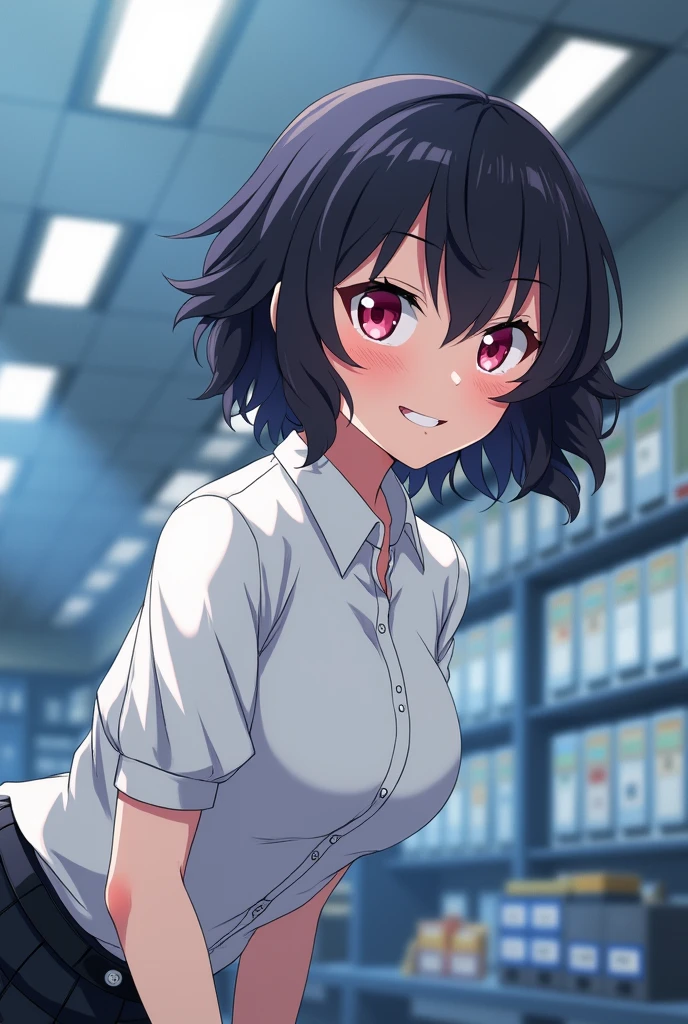 Anime girl with short curly black hair and angular pink eyes wearing a white dress shirt bending over embarrassed and mischievous and sly blushing with shy grin at camera and holding hands with somebody beyond the camera in an police office setting