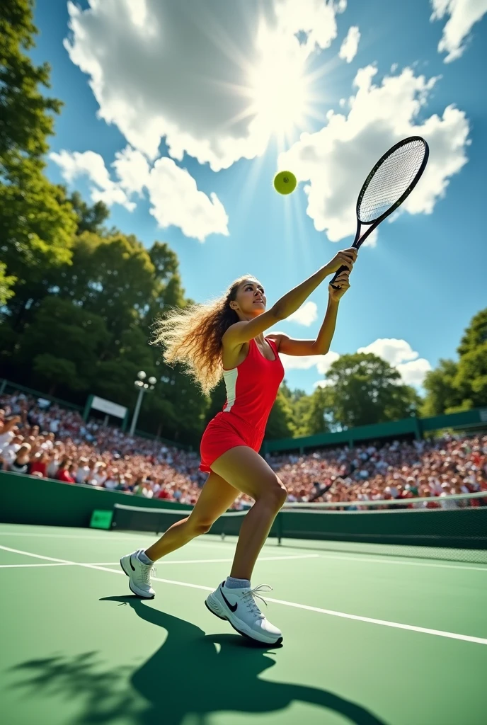 A sports person hitting a ball with tennis racket and ball coming out of screen