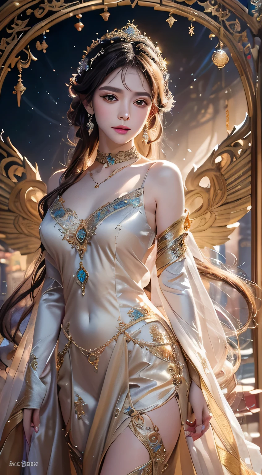 Delicate pupils，sitting down casually，lazy，A realistic fantasy masterpiece full of highlights., glinting, そしてConvoluted, ornate detail.. make a petite woman，wearing a beautiful and exquisite crown，sitting on the swing in the garden at night. she is a beautiful butterfly queen，Has attractive long black hair, Incredibly realistic and detailed dynamic eyes，Colorful，realistic shaded. her skin is white and transparent, Her eyes are shining, her clothes are very elegant. Her dress is made of the finest tulle，Delicate e, Convoluted, Delicate floral details and gold silk butterfly sleeves. Your happy smile is cute. Also includes flowers that glow in the dark, many particles, very realistic fantasy butterfly，Decorated with translucent jewel-toned wings そしてConvoluted details, And shine. Artwork is Guviz style，reminds me of the genre，NP, Popular fantasy games on Artstation and Midjourney. camera: Use dynamic compositing techniques，Emphasizes elegant and delicate details.